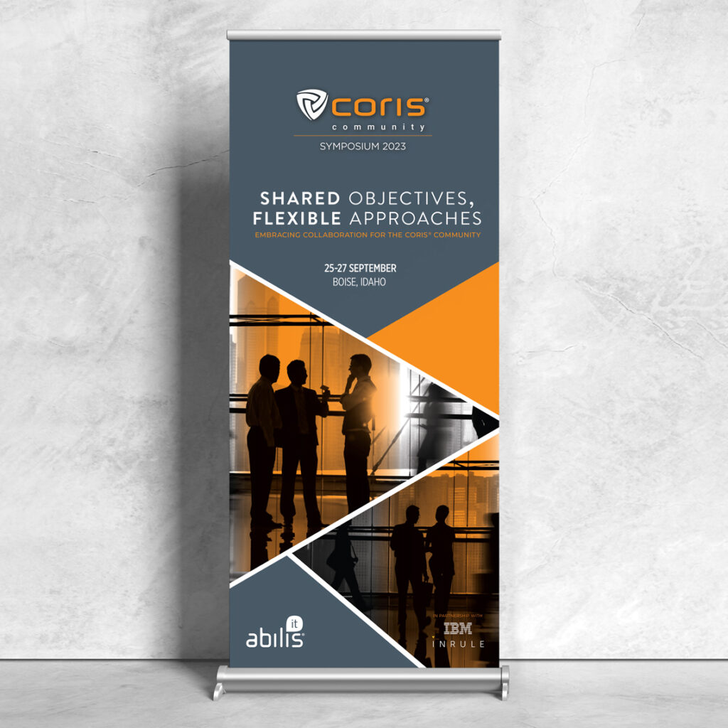 Marketing for Coris 2023 Symposium gray and orange floor pullout banner.