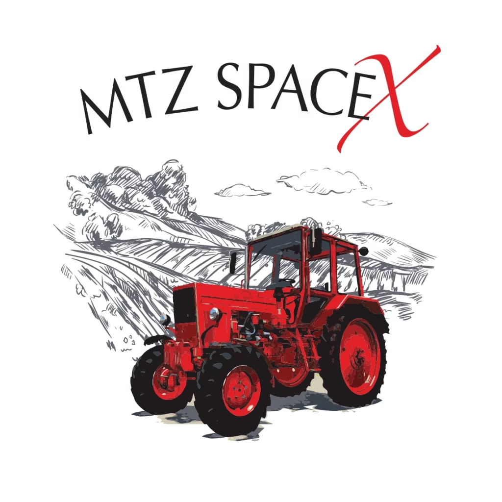 The wine label closeup features a bright red tractor illustration with a hand-drawn landscape in the background. The title reads MTZ SpaceX.